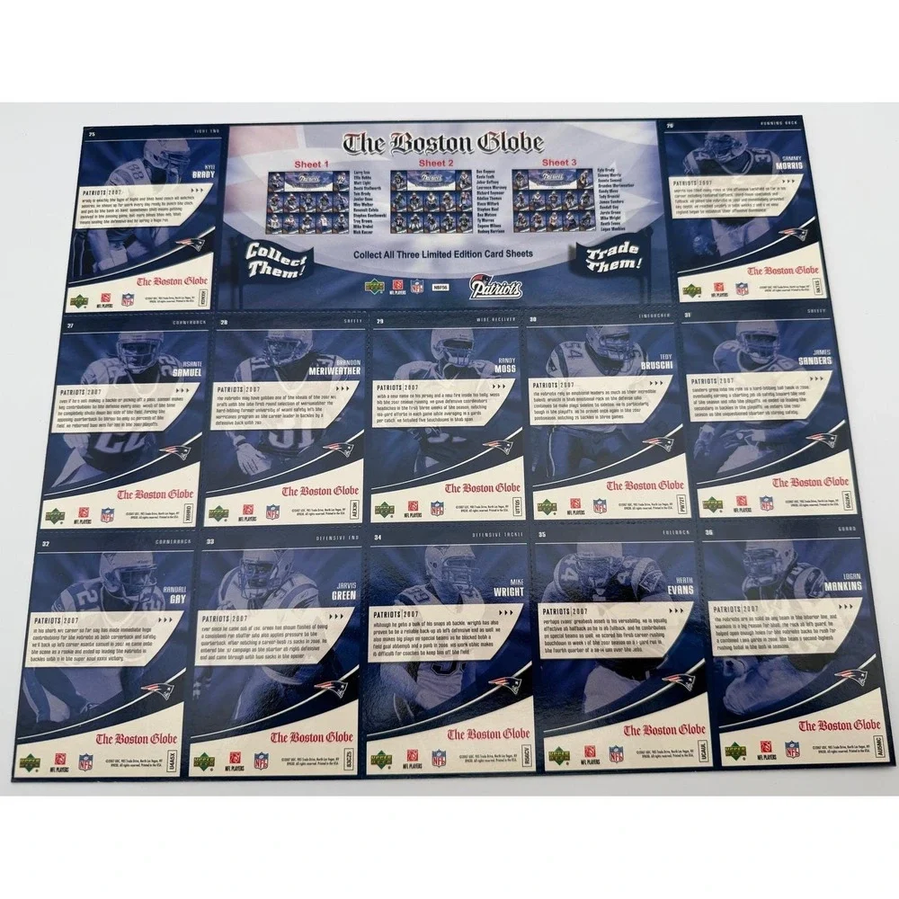 2007 Upper Deck New England Patriots Boston Globe Complete 3 Sheet Set Tom Brady